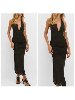 NWT Caroline Constas Salma Halter Gold Hardware Black Halter Cover-Up Dress